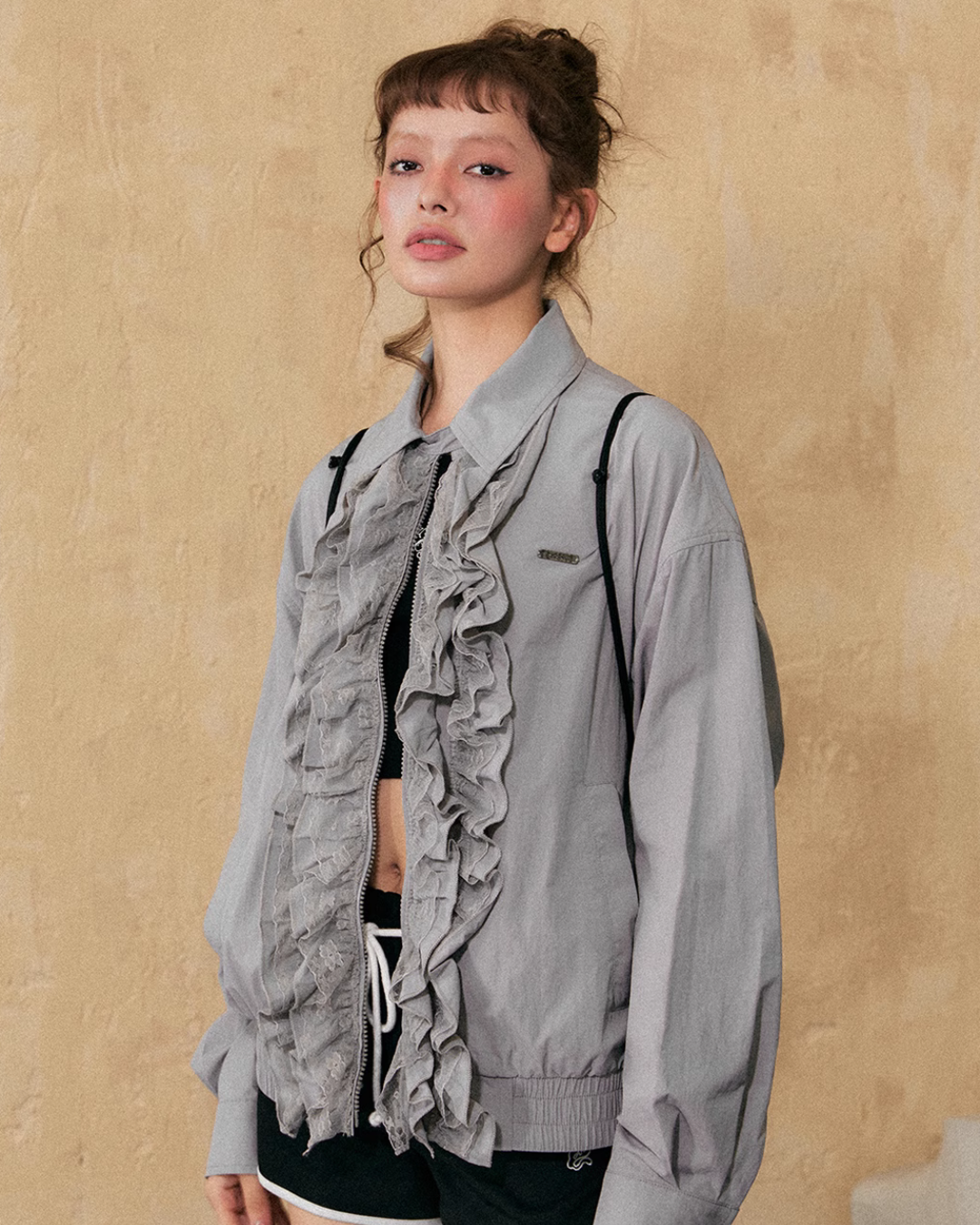 Ruffled Design Bomber Jacket