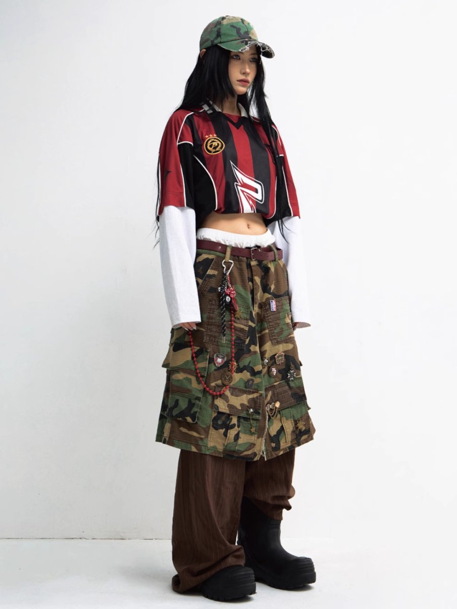 Camouflage Cargo Skirt Pinstripe Wide-Leg Pants