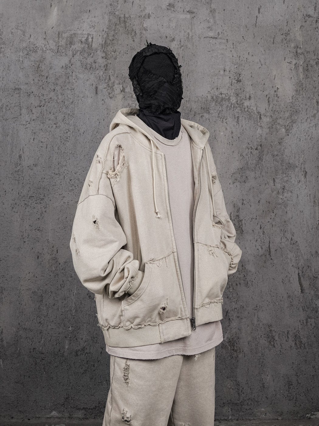 Distressed Beige Zip-up Hoodie