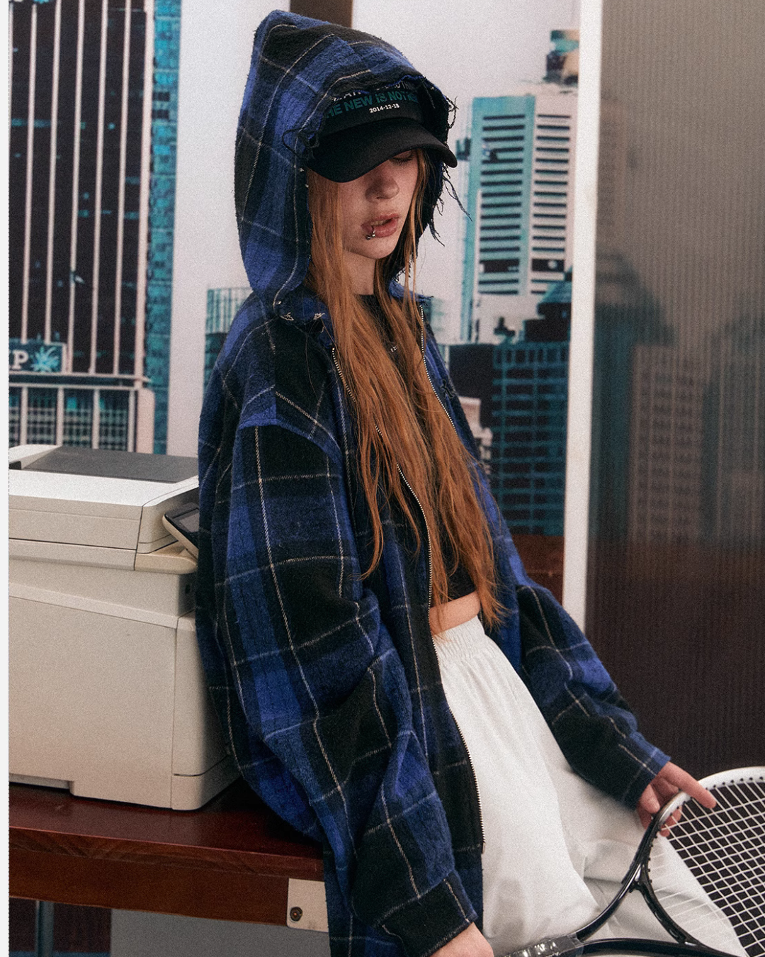 Veste à capuche surdimensionnée à plaid bleu