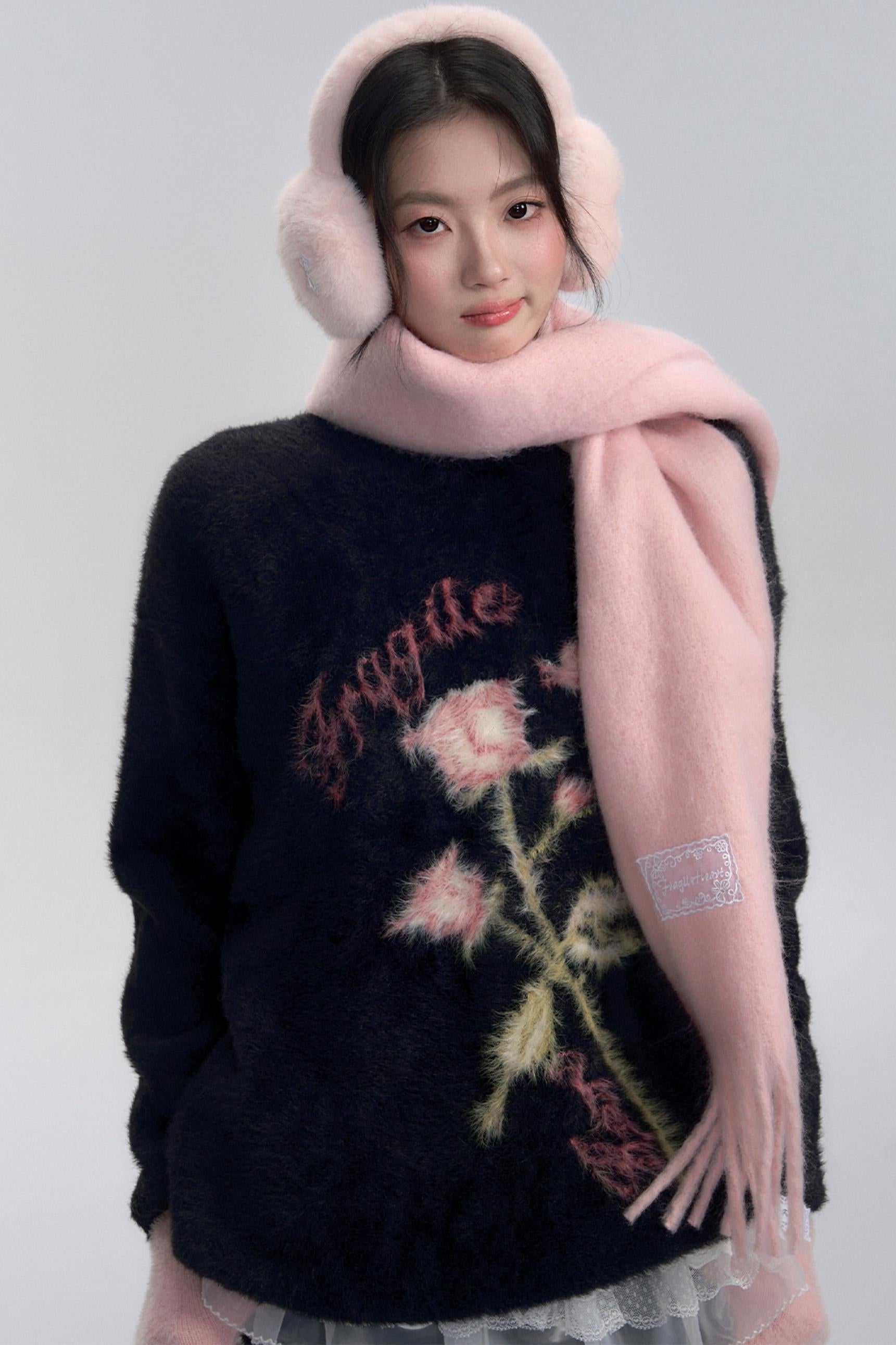 Floral Embroidered Fuzzy Sweater