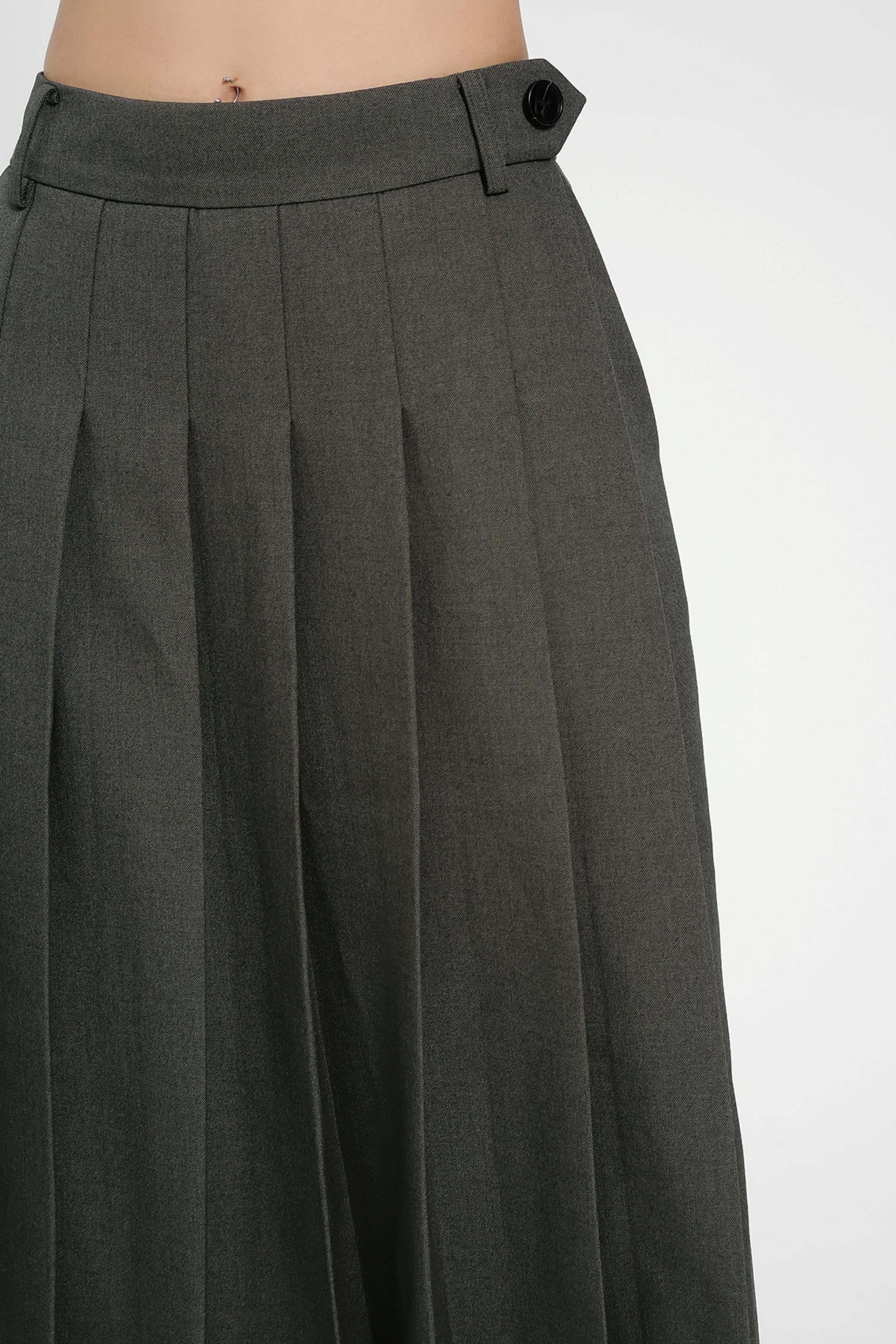 Pleated Midi Skirt - High-Waisted A-Line Olive Green Office Wear