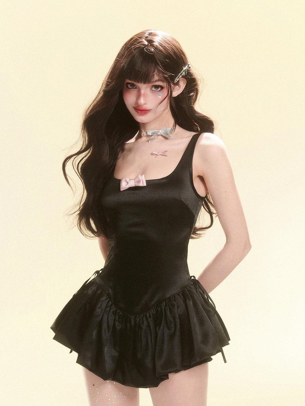 Elegant Black Bow Suspender Dress - chiclara