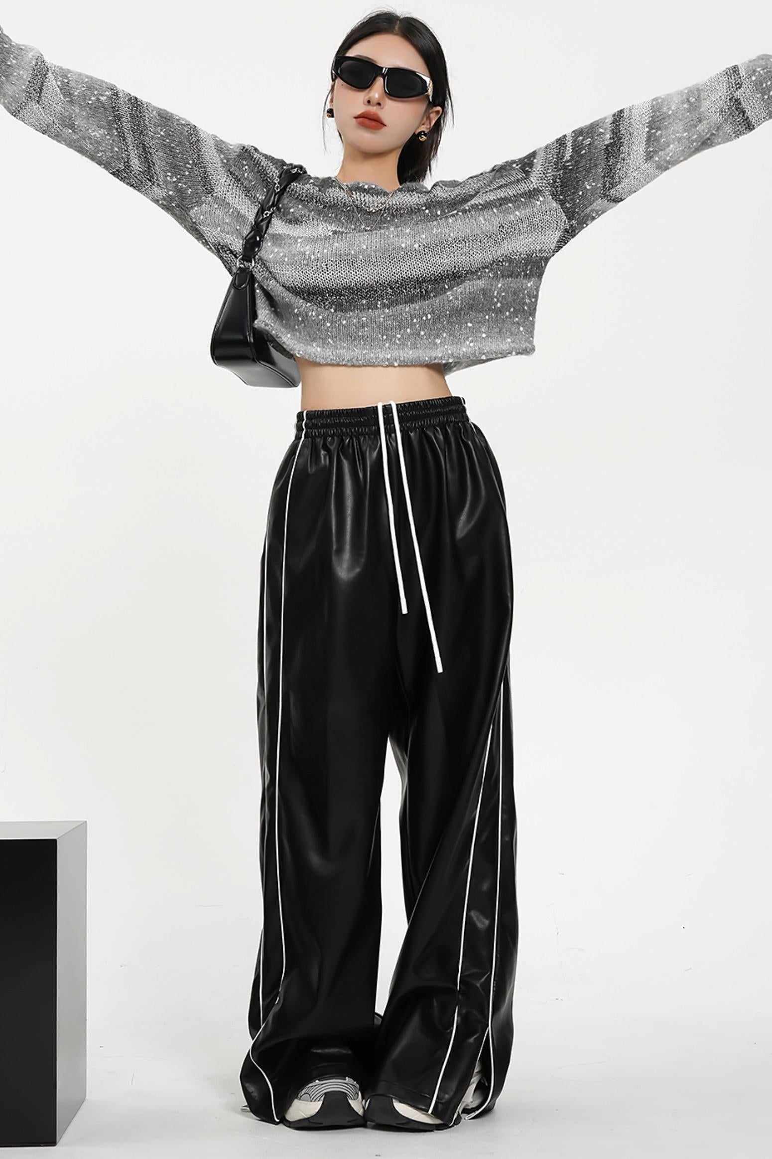 Luxe Satin-Look Drawstring Pants - Wide Leg Striped Track Bottoms