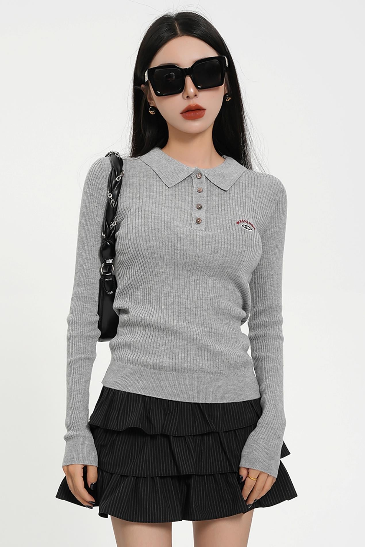 Long Sleeve Henley Sweater - Ribbed Knit Pullover with Embroidered Detail