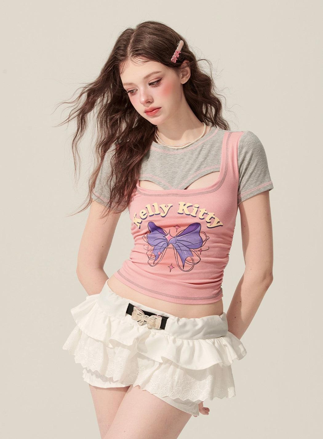 Stylish Pink Faux Layered T-shirt - chiclara