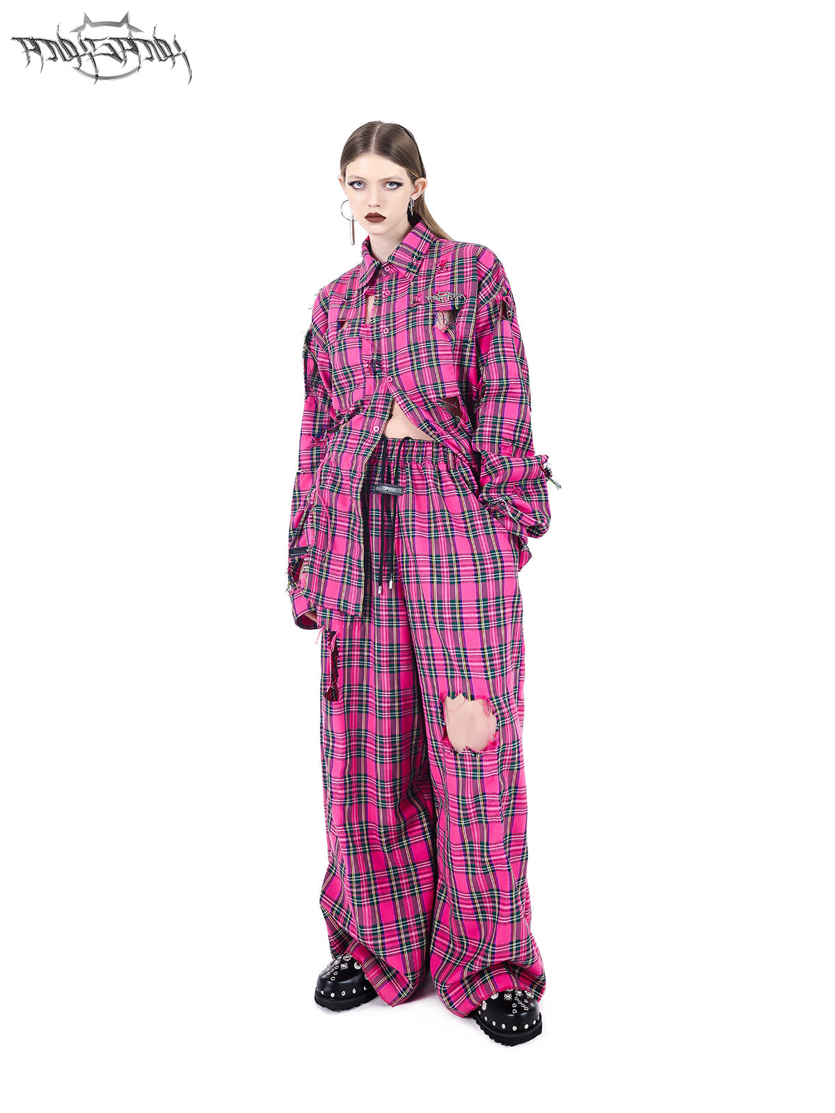 PINKSPINK Punk Plaid Oversized Shirt - Hot Pink