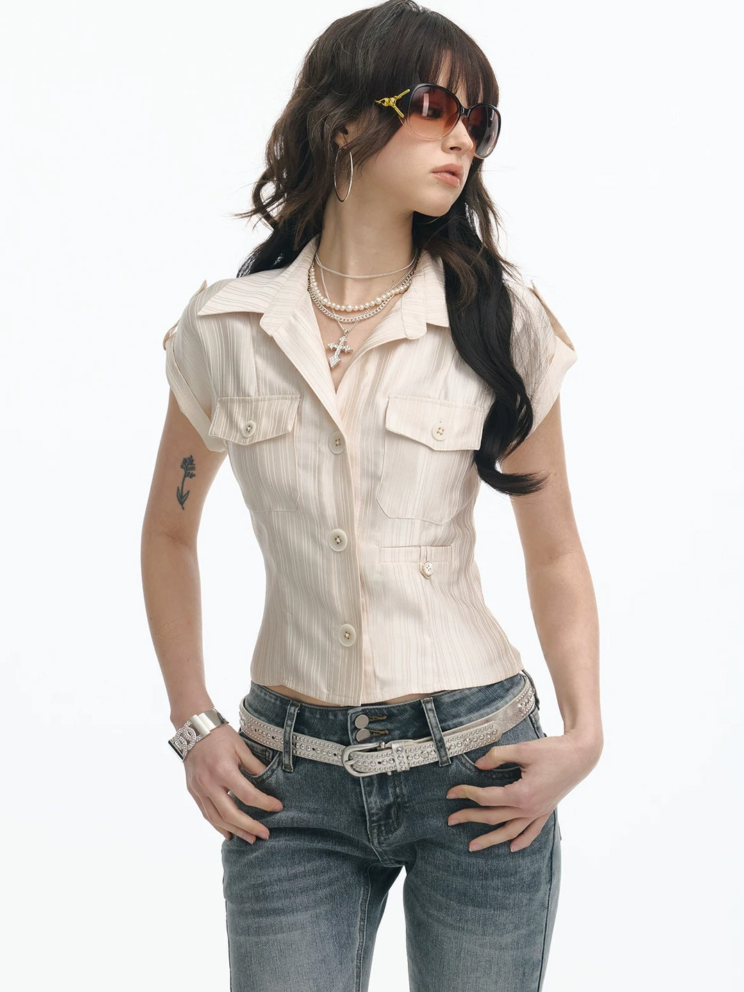 Champagne Satin-Stripe Fitted Utility Shirt - view 1