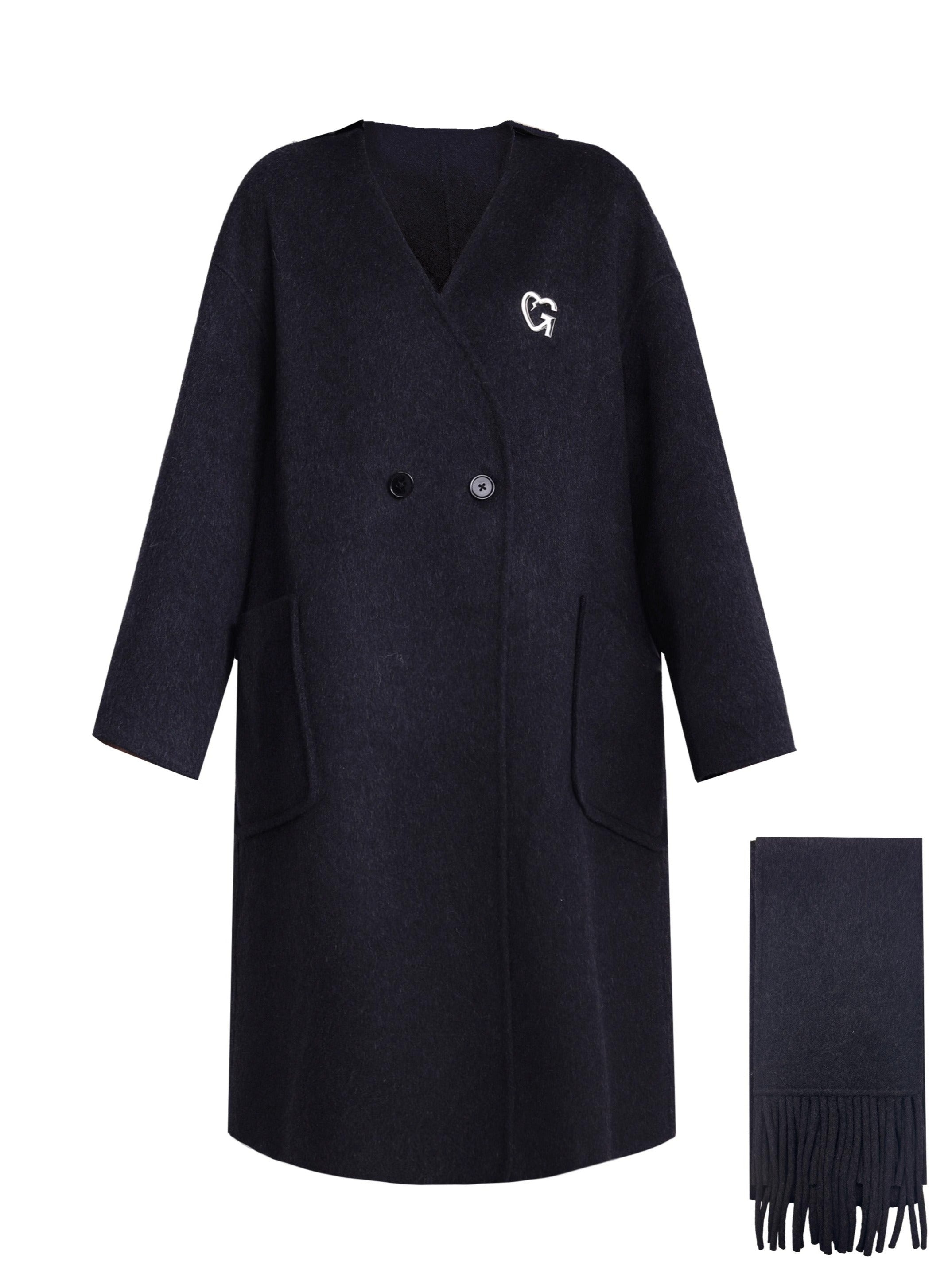 Luxe Double-Breasted Wool Coat Set: Oversized Longline Jacket with Matching Fringed Scarf