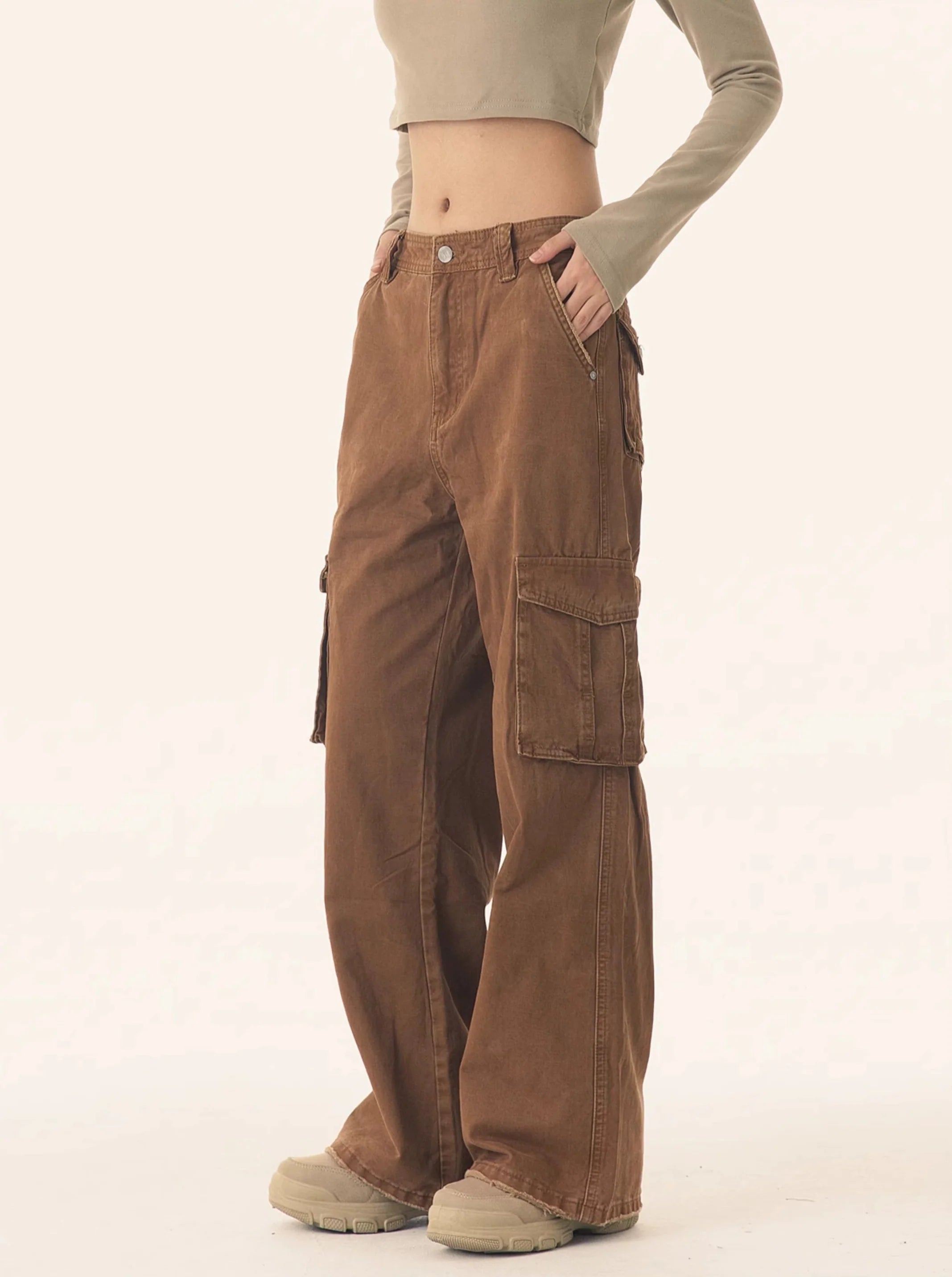 Straight Leg Cargo Pants with Multiple Side Pockets