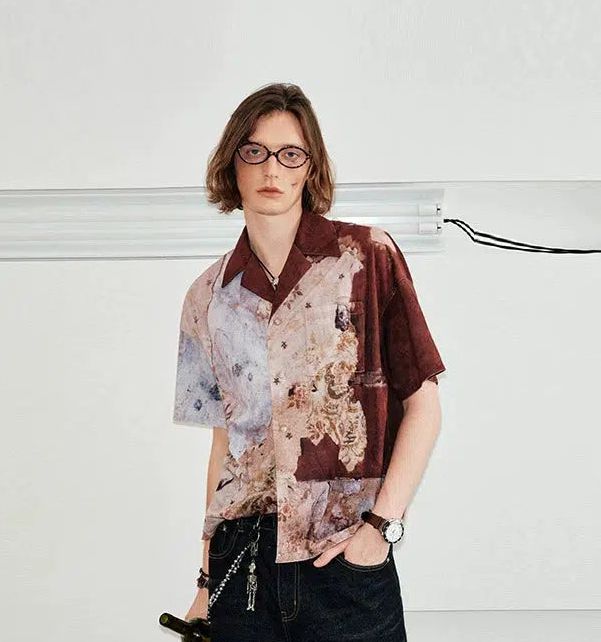 Corduroy Shirt with Floral Wallpaper Print - chiclara