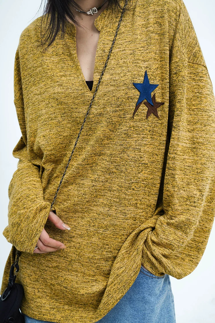 Mustard Yellow Knit Sweater with Star Patch