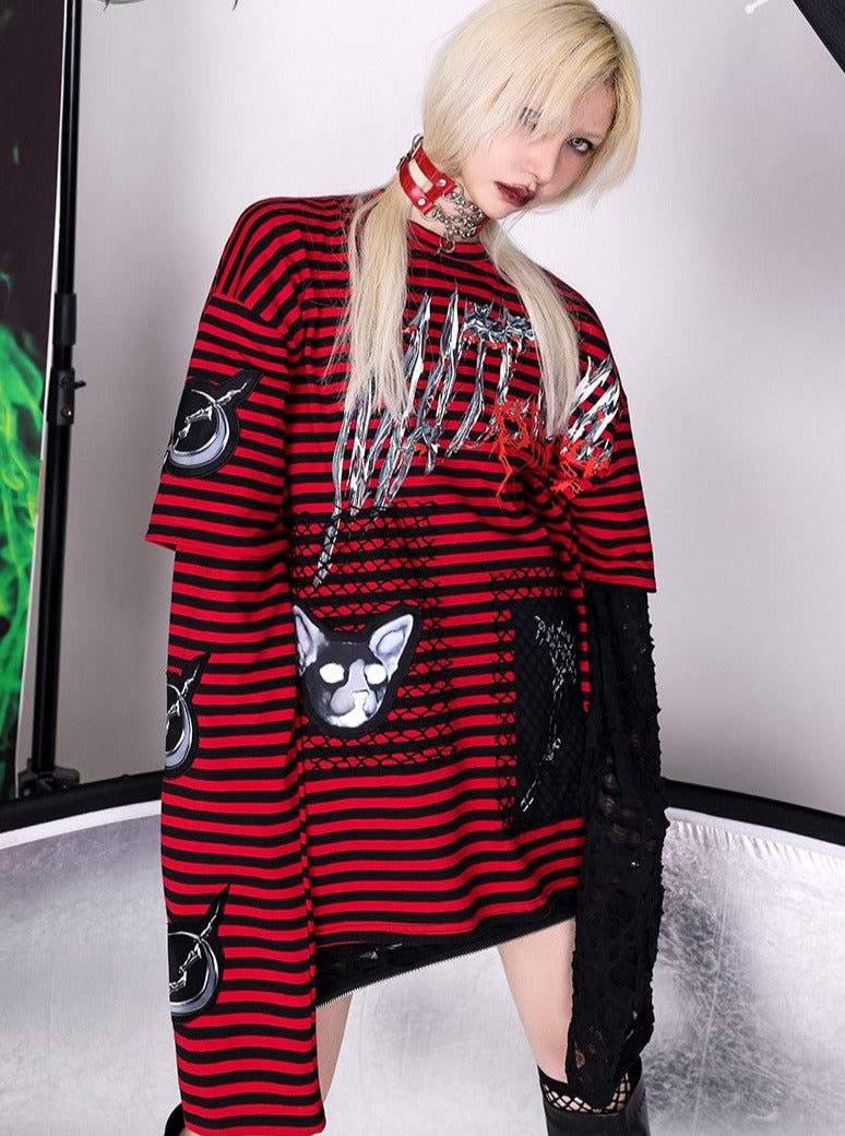 PINKSPINK Punk Cat Striped Layered Top - Red and Black