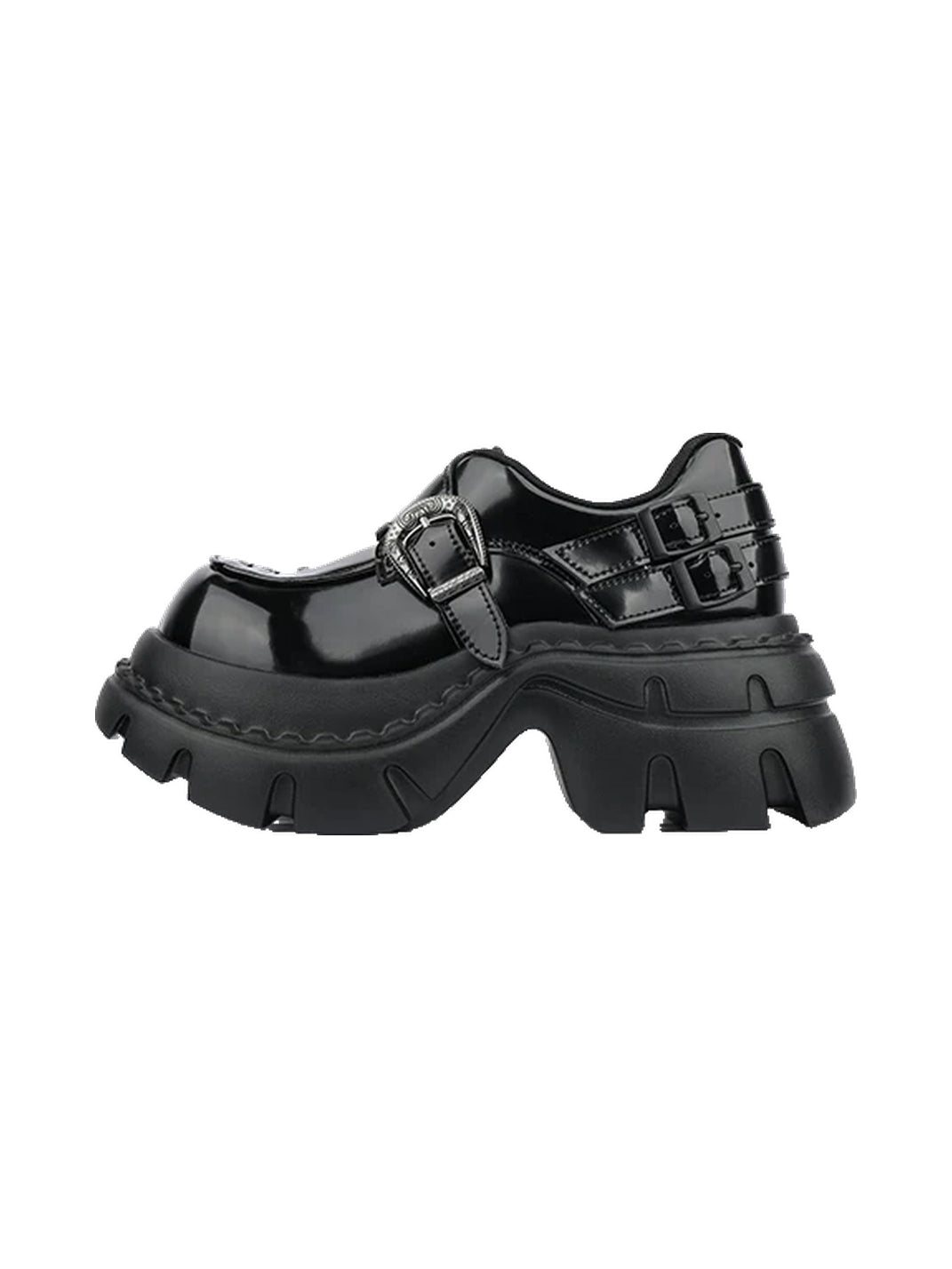 Glossy Buckle Lug-Platform Block-Heel Loafers - view 1