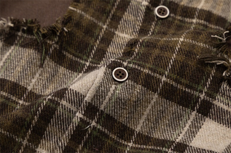 Oversized Distressed Plaid Flannel Shirt with Intentional Patches