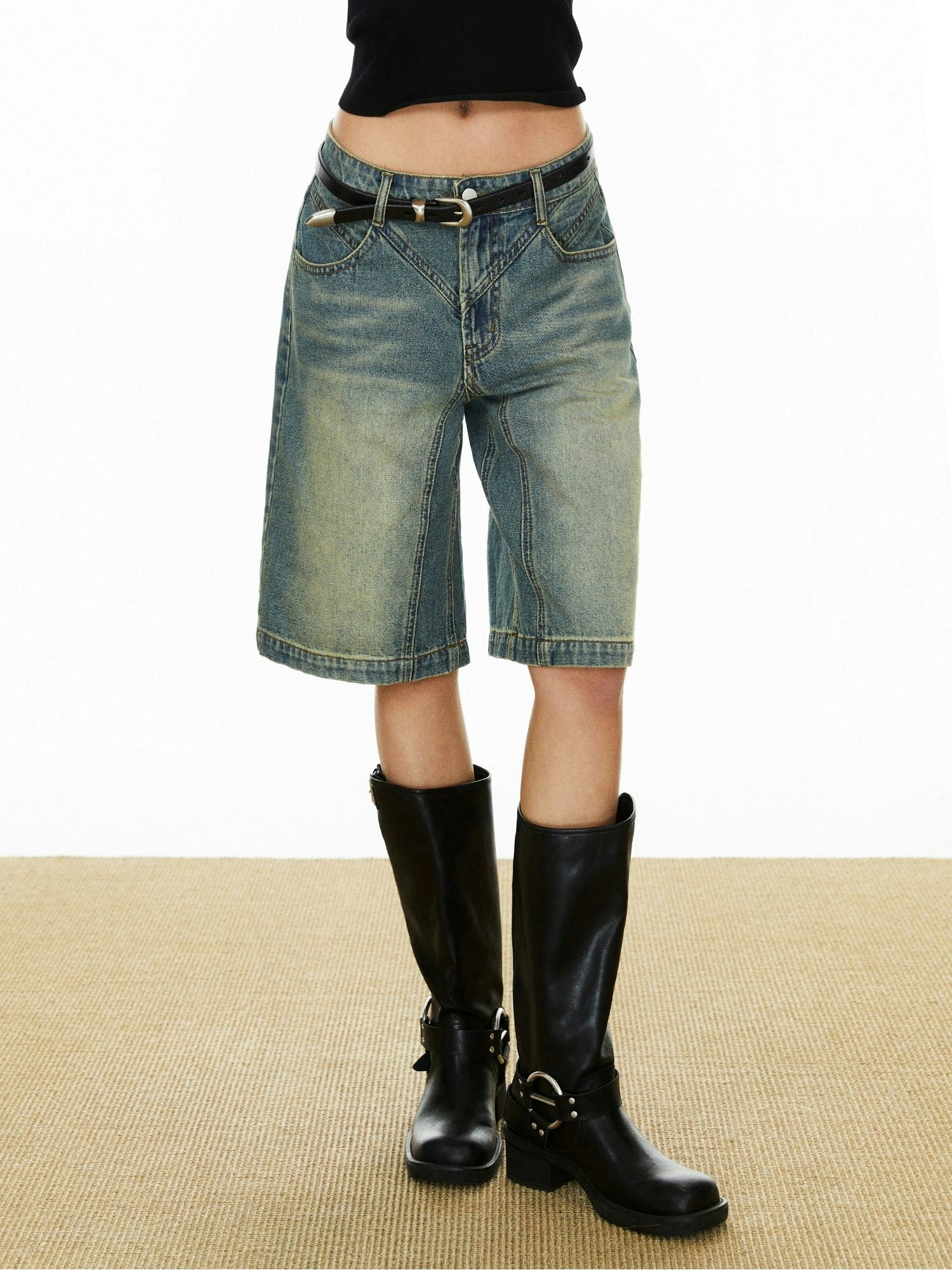 Contrast Stitching Denim Wide Leg Shorts