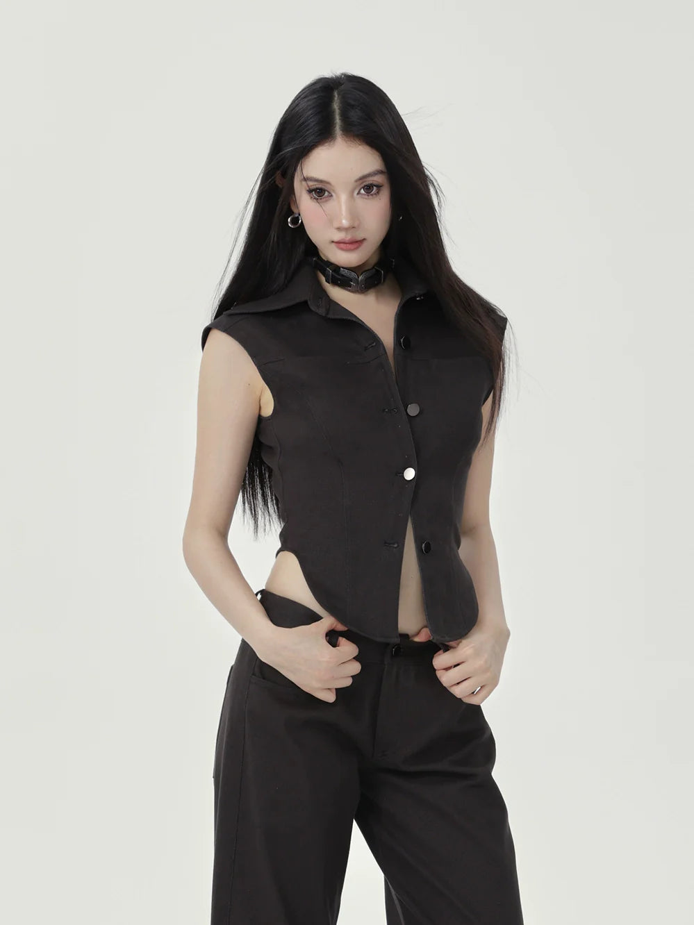 Black Sleeveless Button-Up Top