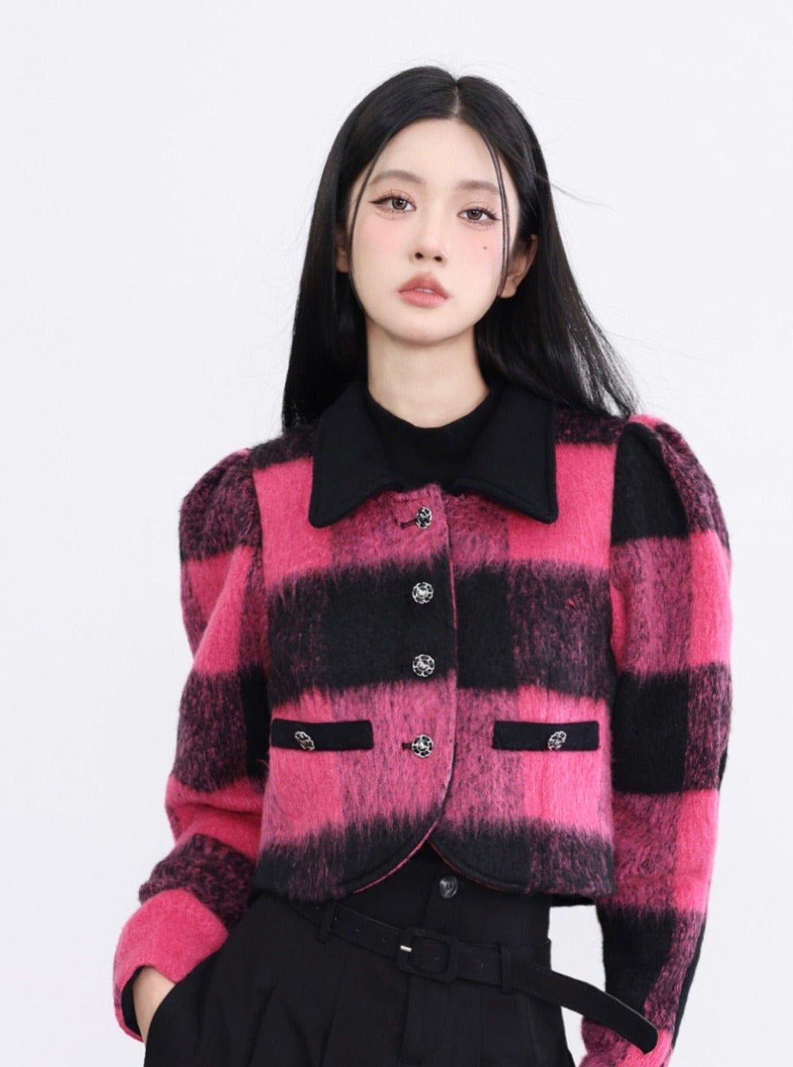 Bold Buffalo Plaid Cropped Jacket: Pink and Black Fuzzy Wool Blend with Contrast Collar