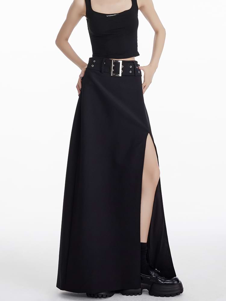 Maxi Skirt with Side Slit and Grommet Belt