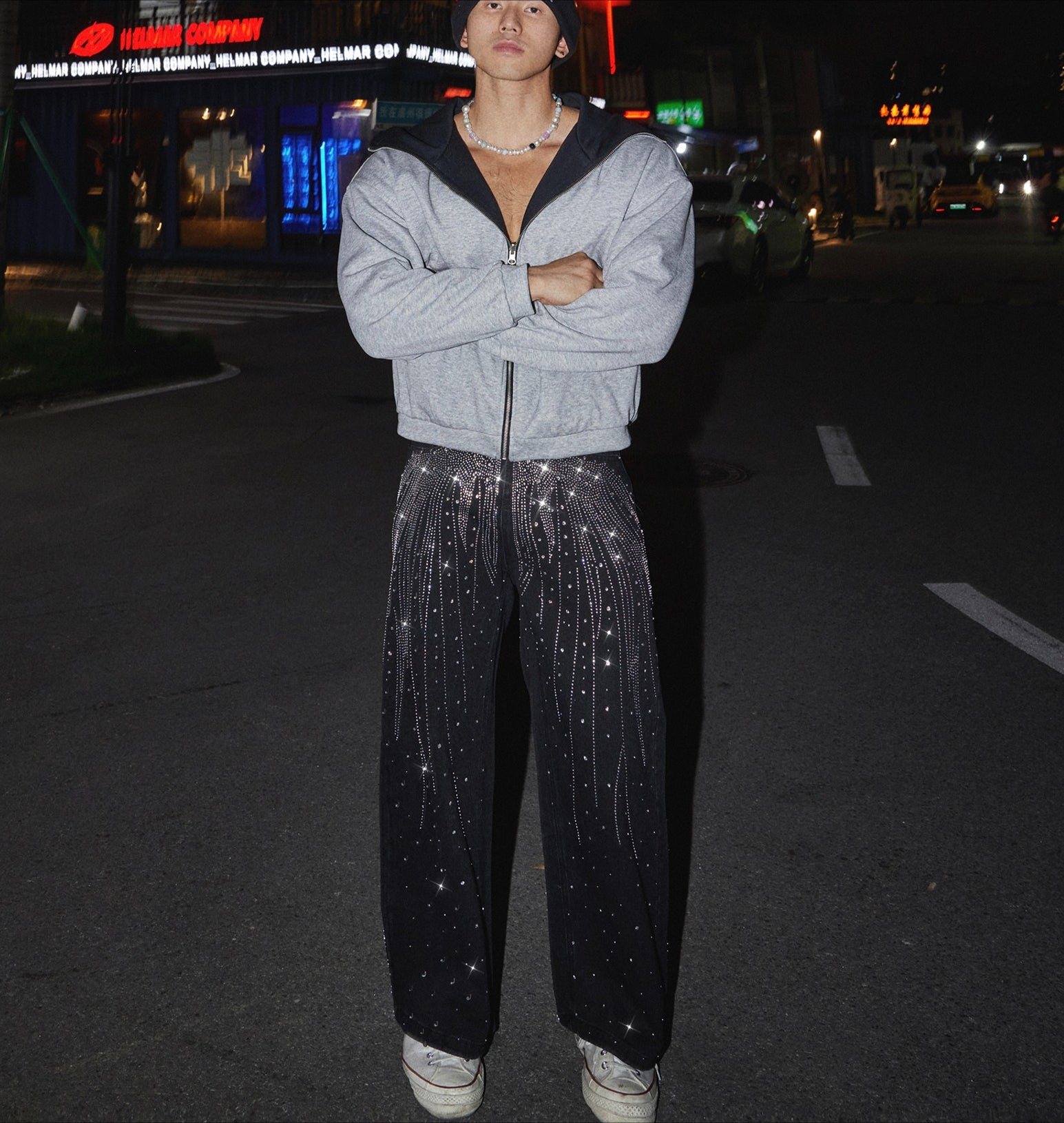 Black Wide-Leg Pants with Silver Sequin Embellishments