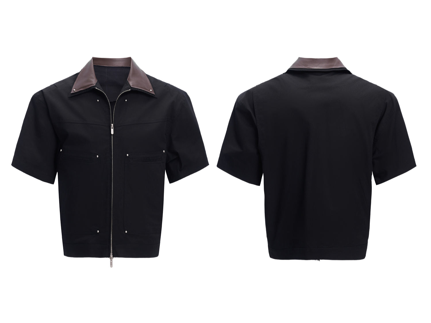 Black Zip-Front Short Sleeve Coverall Jumpsuit
