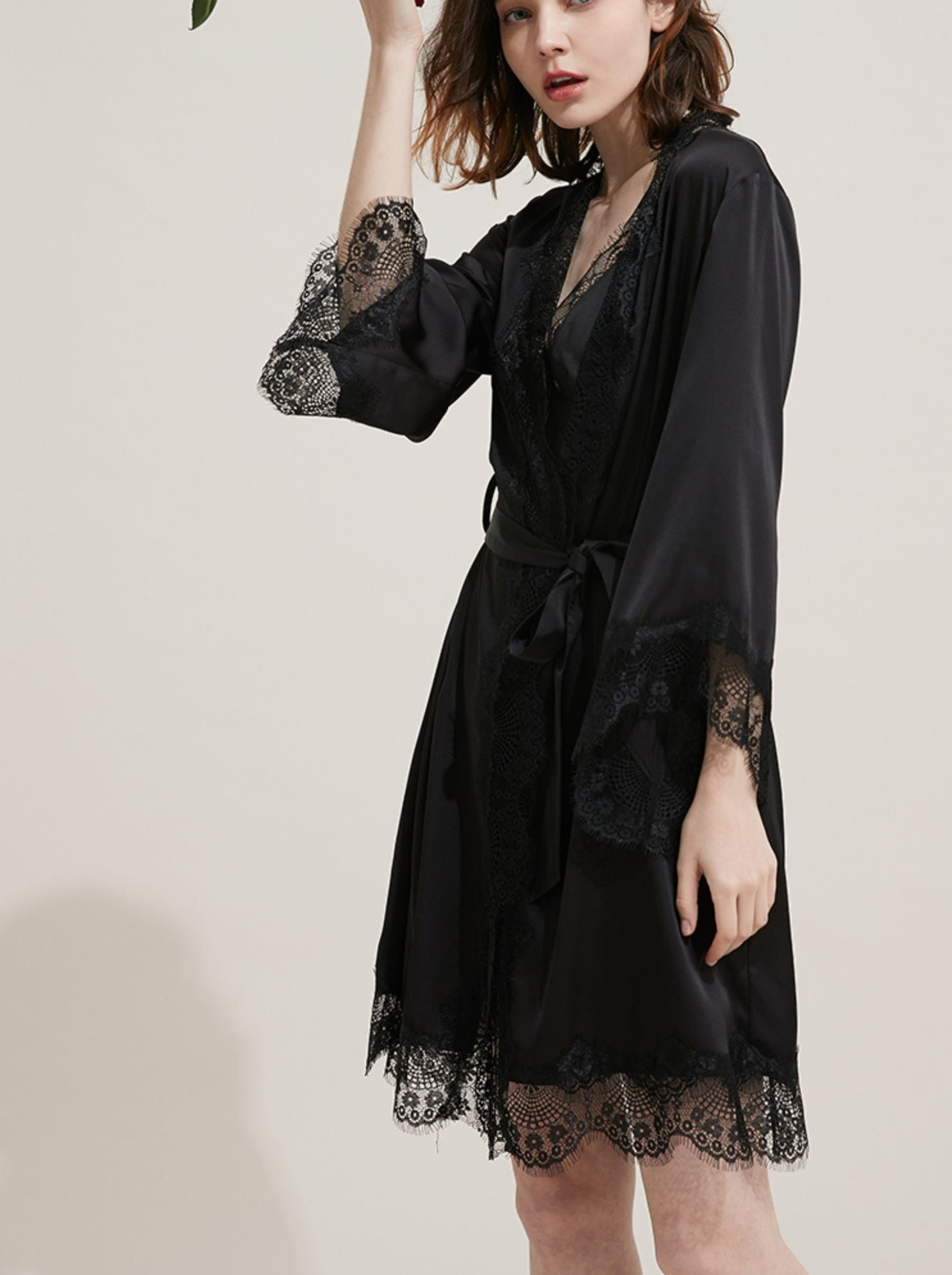 Silk Long Lace Trimmed Robe Sleepwear Loungewear - chiclara