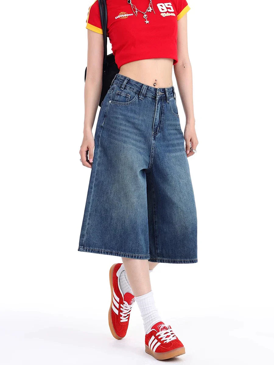 High Waist Denim Culotte Shorts