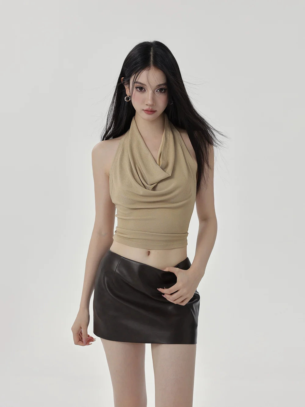 Cowl Neck Beige Halter Top