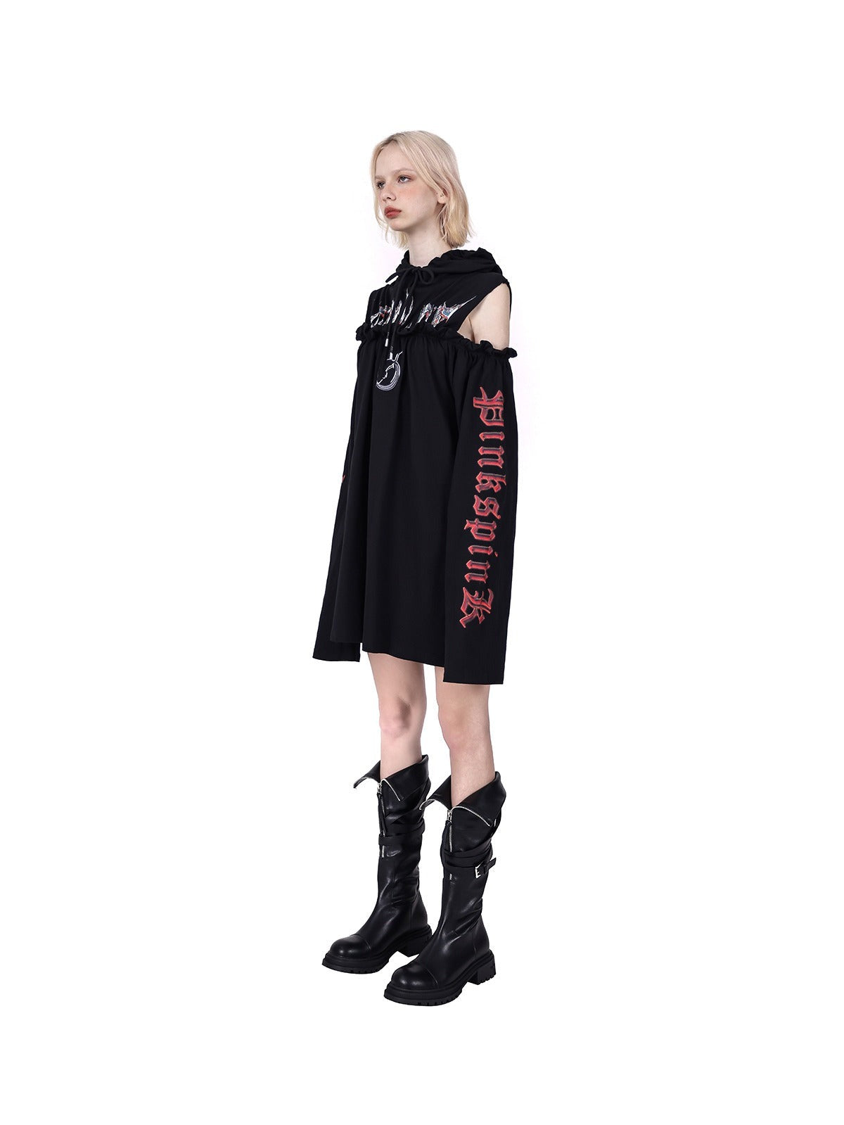 PINKSPINK Gothic Off-Shoulder Hoodie - Black