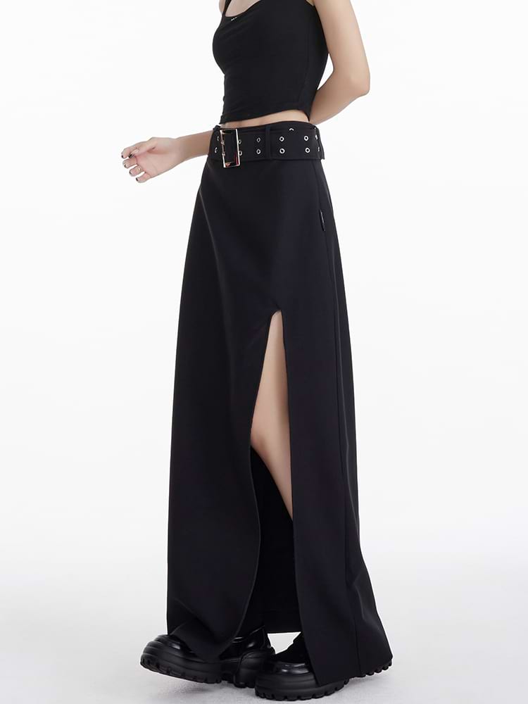 Maxi Skirt with Side Slit and Grommet Belt