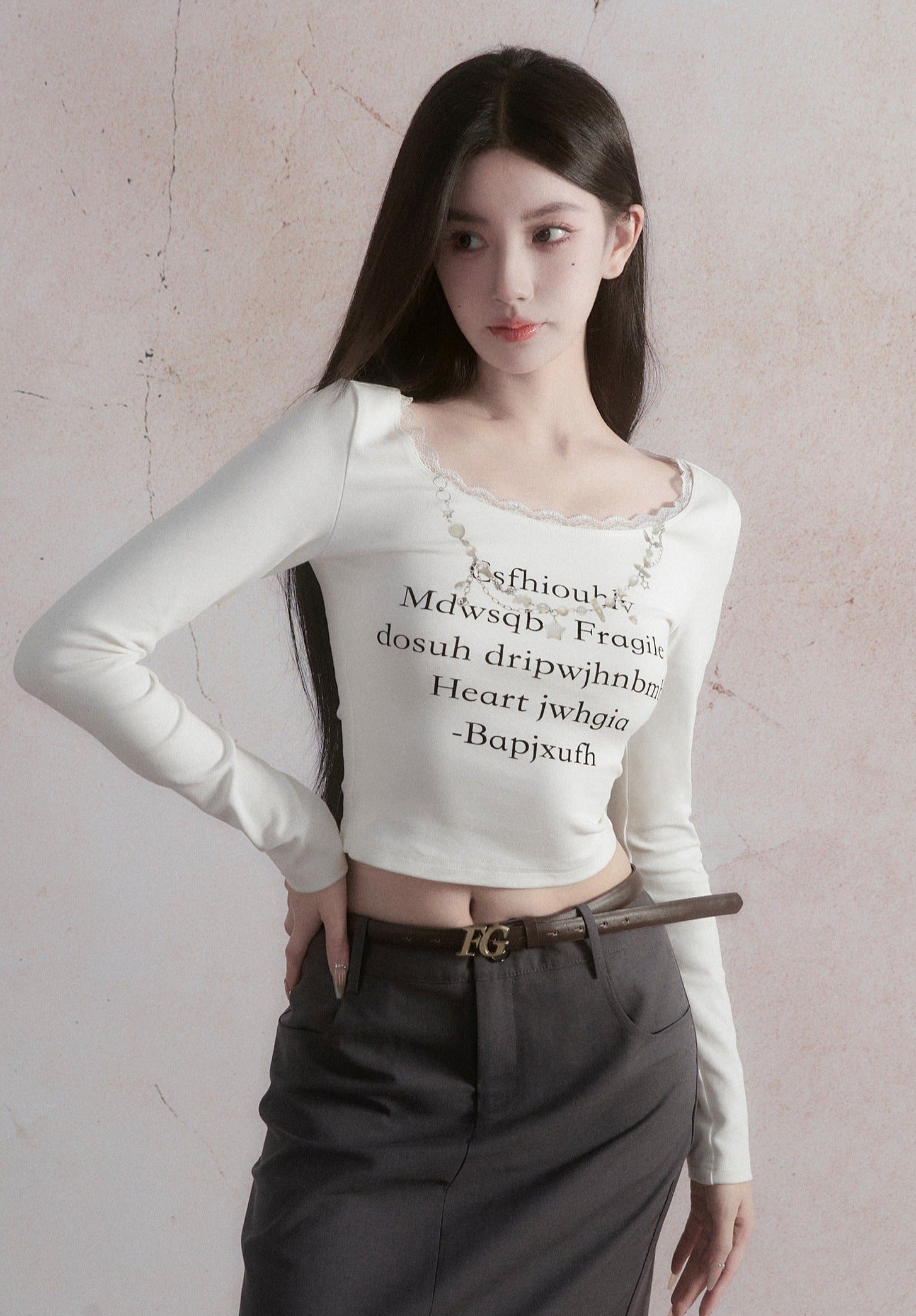 Poetic Script Long Sleeve Fitted Crop Top