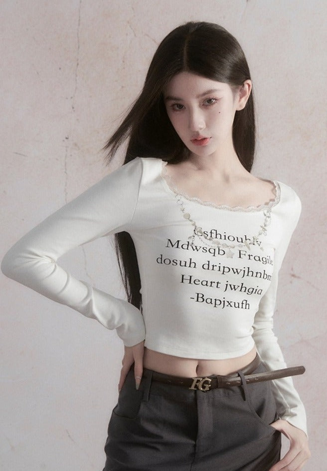 Poetic Script Long Sleeve Fitted Crop Top