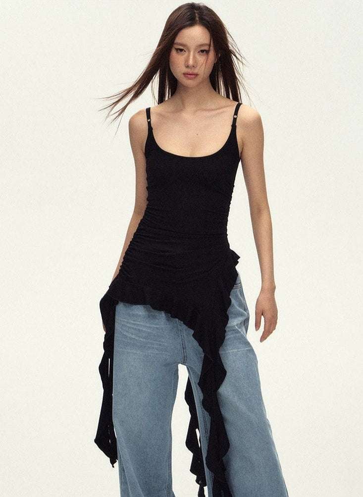 Ruched Asymmetric Black Cami Top