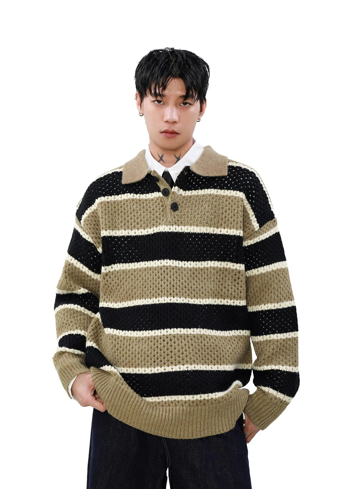 Striped Knit Polo Sweater