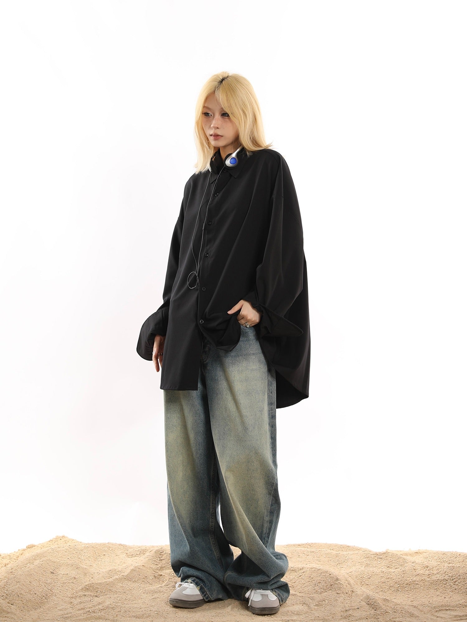 Oversized Button-Down Loose Drap Shirt