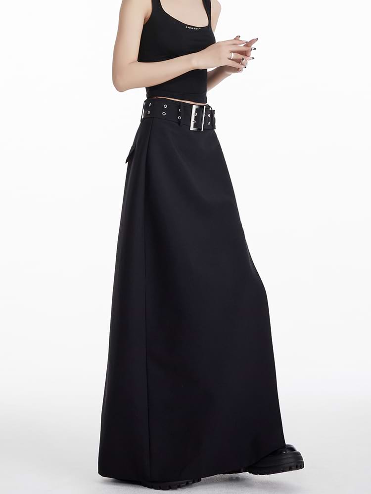 Maxi Skirt with Side Slit and Grommet Belt