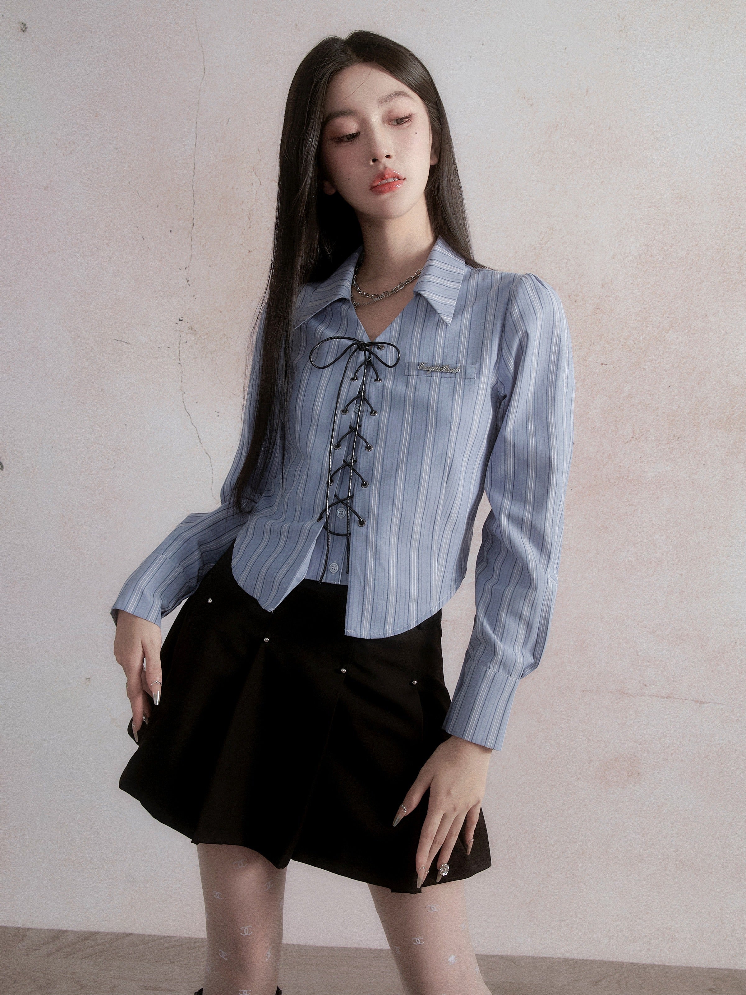 Vintage-Inspired Lace-Up Cropped Blazer - Pinstripe Collared Jacket in Light Blue and Beige