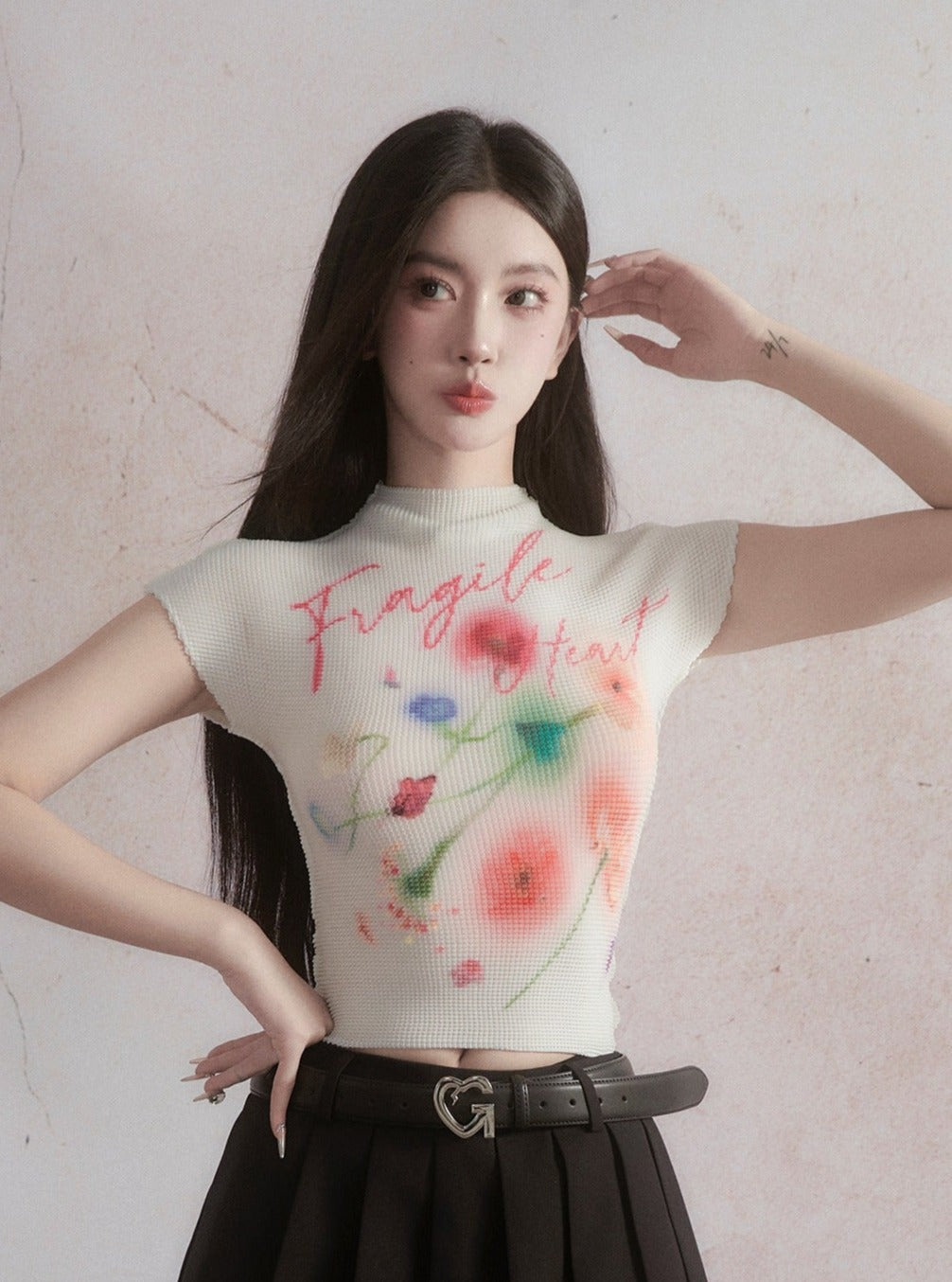 Watercolor Dreams Duo: Tie-Dye Lavender and Floral Print Cropped Mock Neck Tops