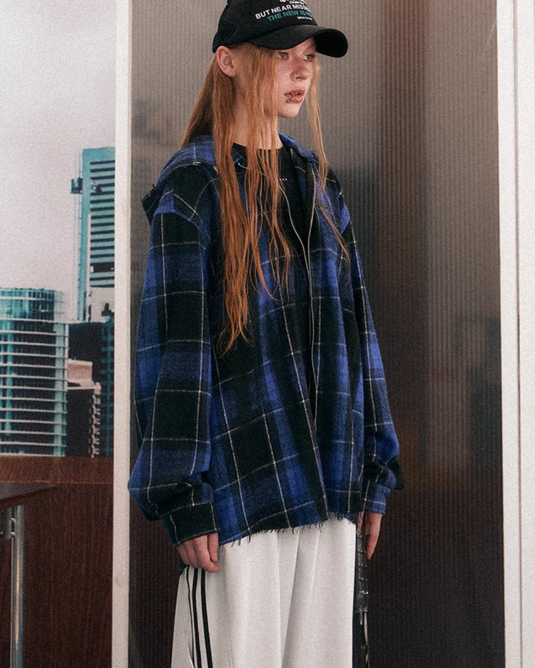 Veste à capuche surdimensionnée à plaid bleu