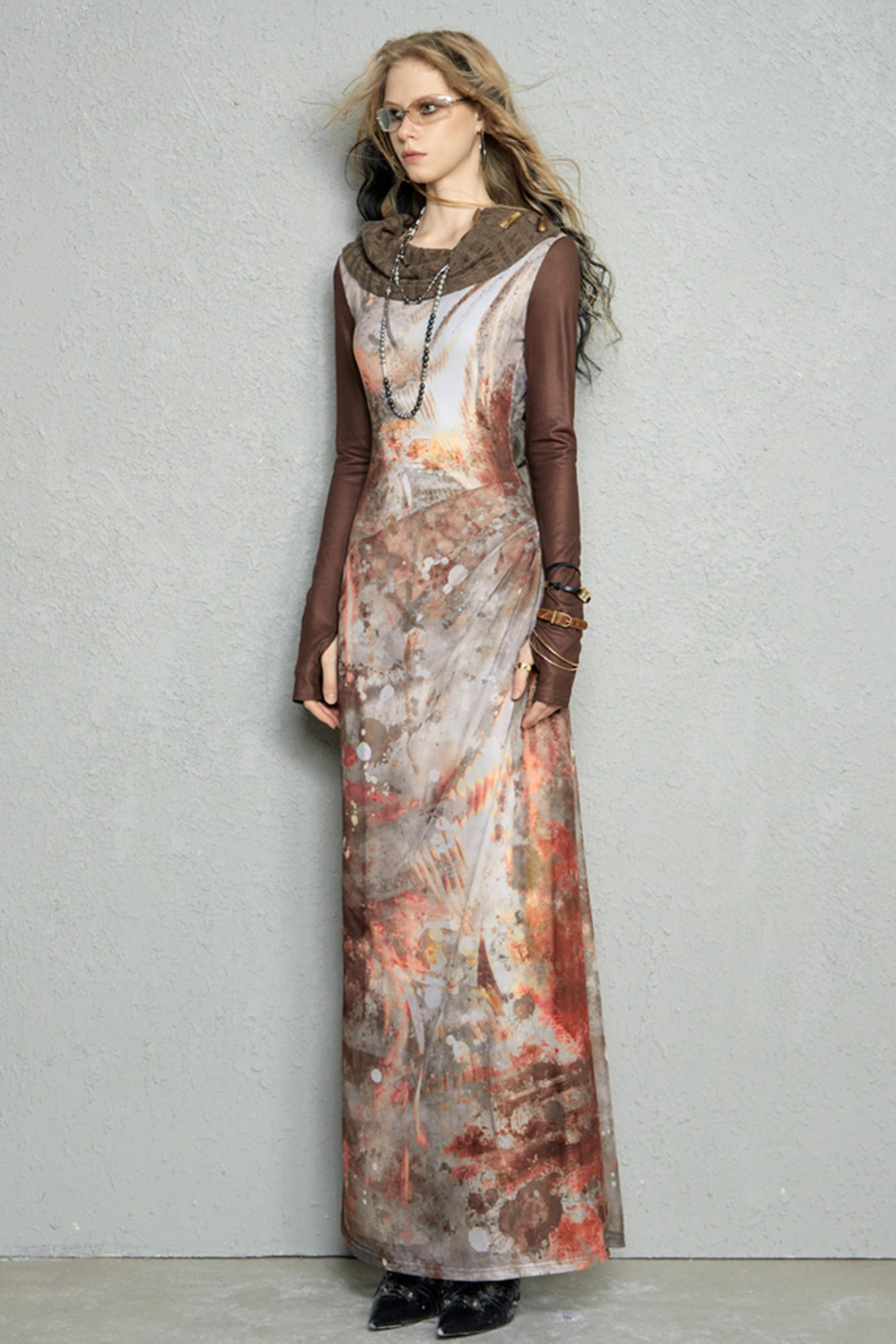 Abstract Paint Off-Shoulder Maxi Dress