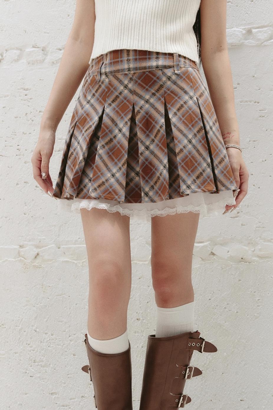 Plaid Lace Trim Mini Skirt