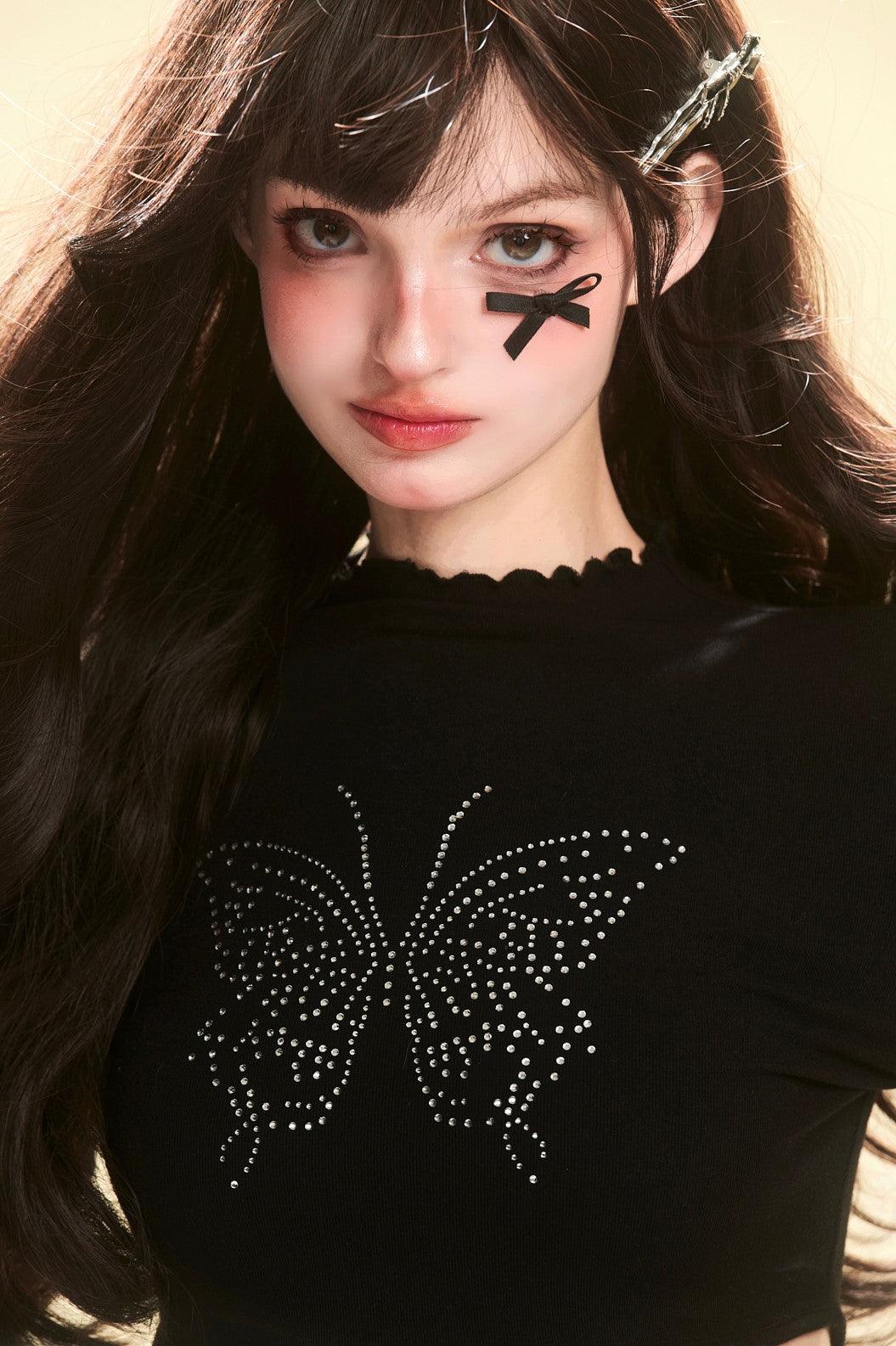 Black Long-Sleeved T-shirt with Butterfly Design - chiclara