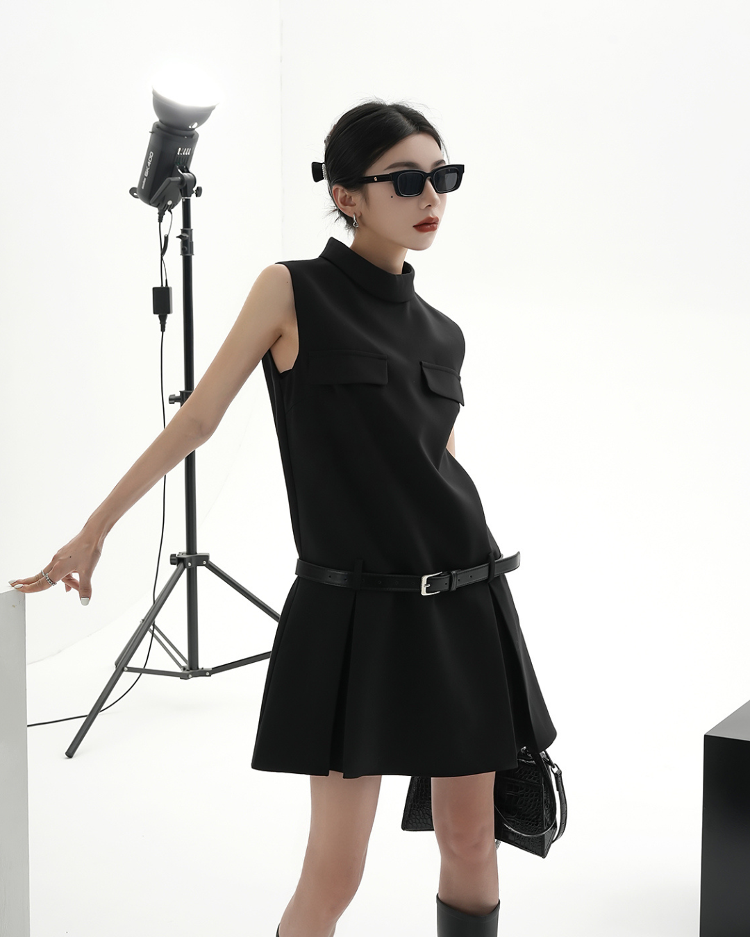 Sleeveless Mock Neck A-Line Dress - Belted Little Black Dress with Drop Waist