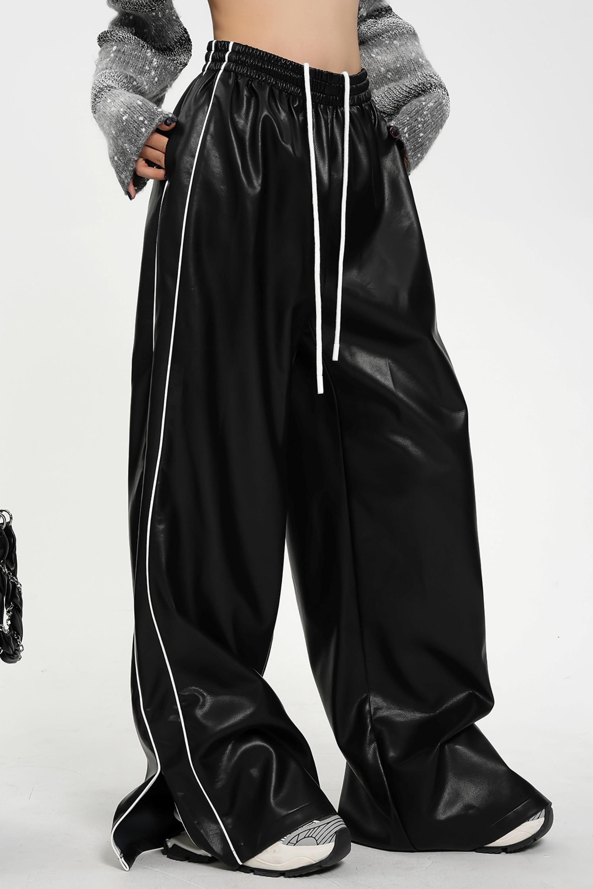 Luxe Satin-Look Drawstring Pants - Wide Leg Striped Track Bottoms