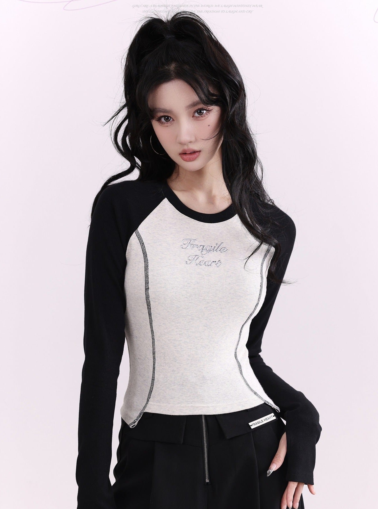 Monochrome Raglan Sleeve Cropped Baseball Tee