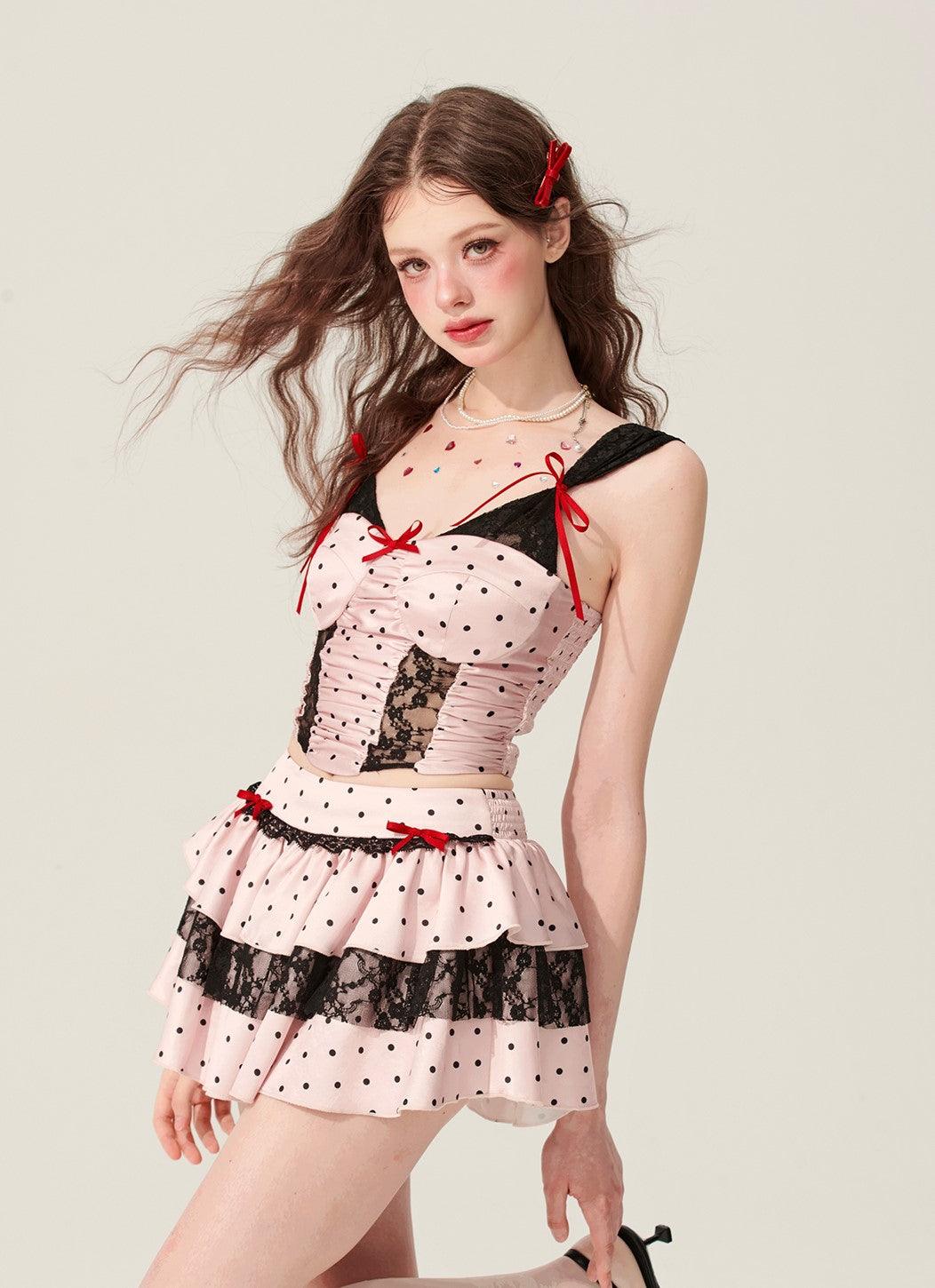 Pink Polka Dot Two-Piece Set (Camisole and Skirt) - chiclara