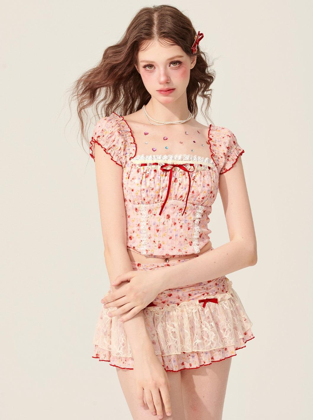 Pink Puff Sleeve Lace Top and Skirt Set - chiclara