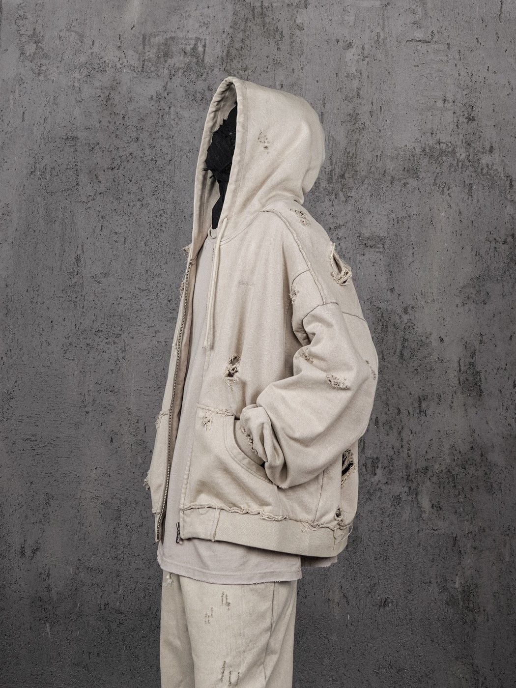 Distressed Beige Zip-up Hoodie