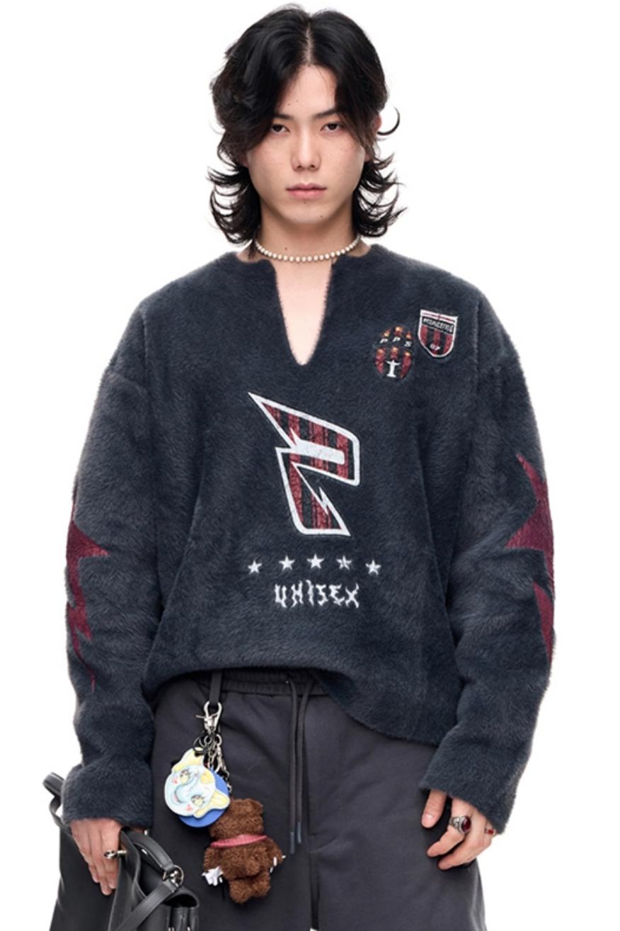 Men's Badge Print Faux Mink Sweater