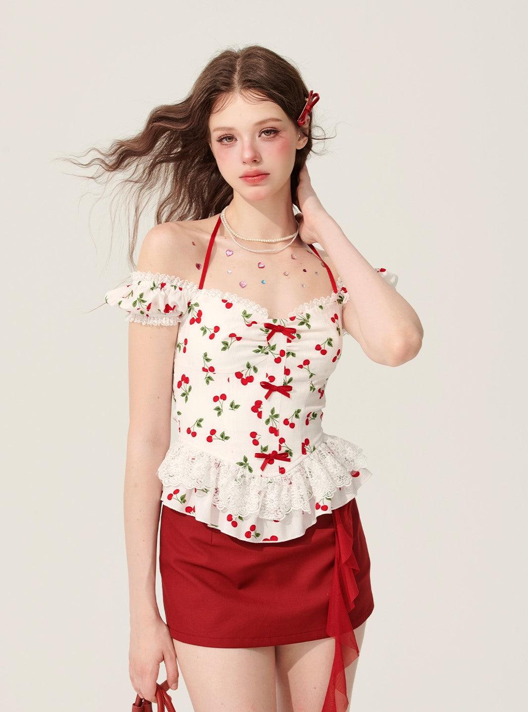 White Halter Neck T-shirt with Cherry Design - chiclara